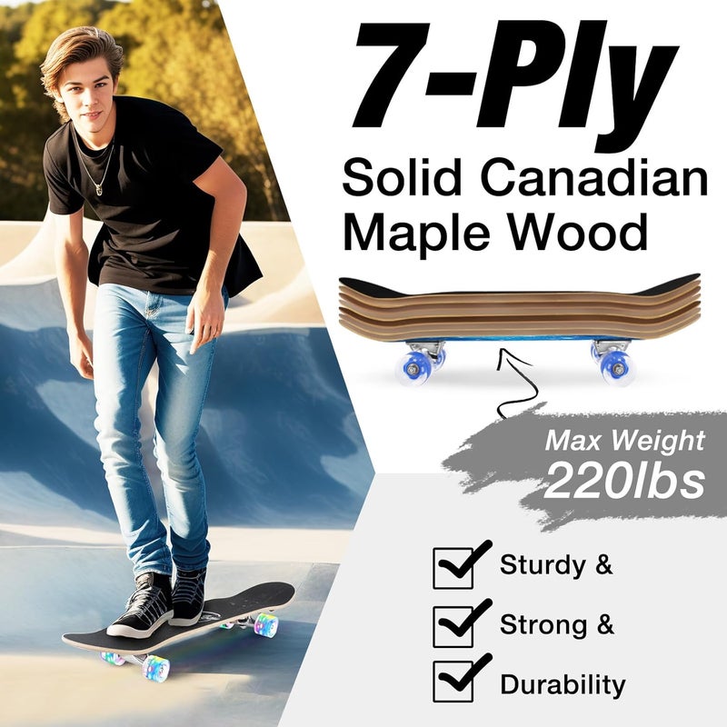 BELEEV Skateboards for Beginners, 31 x 8 inch Complete Skateboard for Kids Teens Adults, 7 Layer Canadian Maple Double Kick Deck Concave Cruiser Trick Skateboard with Multifunction Skate T-Tool - Image 3